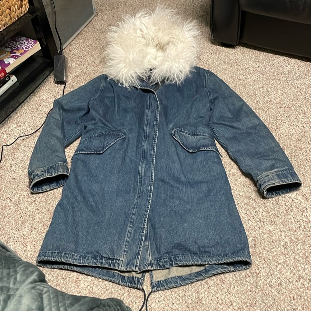 Intermix denim/puffer insert coat with alpaca hood trim